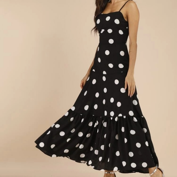 Black & White Polka Dot Ruffle Hem Cami Maxi Dress Small - Picture 2 of 4